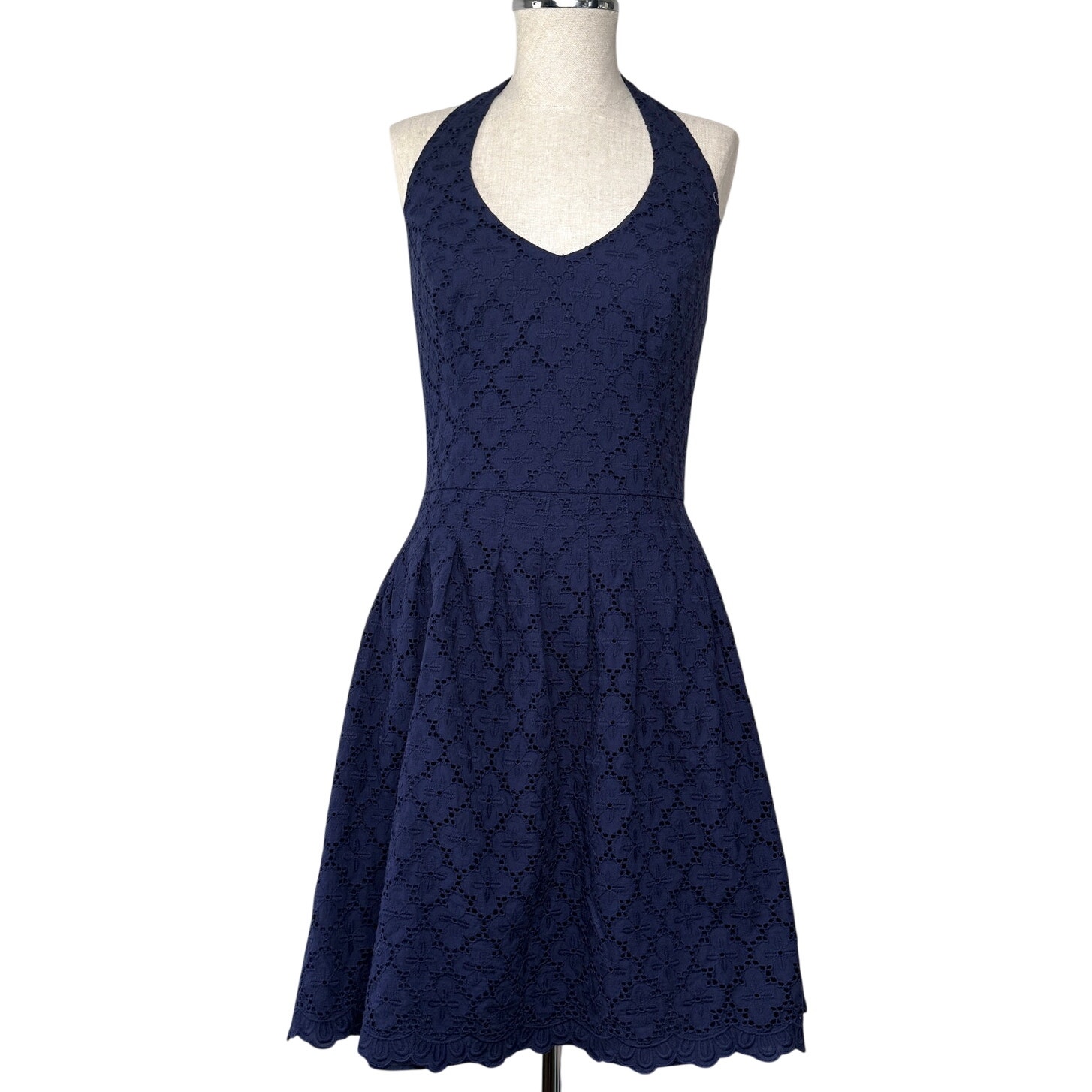 Lilly Pulitzer Eyelet Halter Dress Navy Blue Cotton Size 4 Cottagecore Spring
